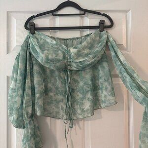 Cider Green Tie-Dye Off-Shoulder Blouse – Size L – Sheer Long Sleeve